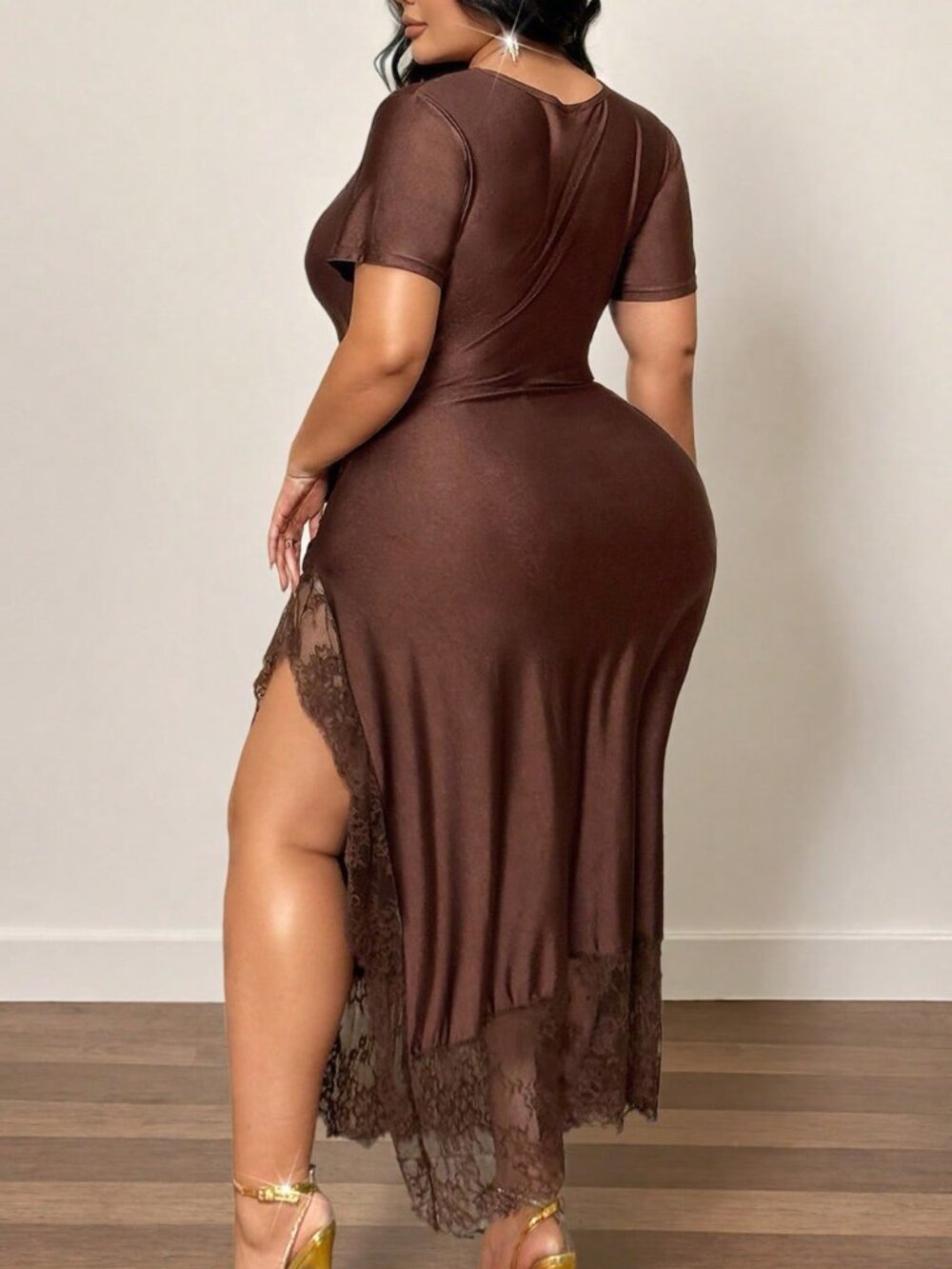 Brown Elegant Women's Round Neck Fitted Short Sleeve Dress - Picture 2 of 7